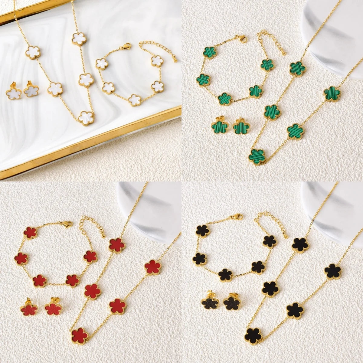 kit completo de colar, brinco e pulceira de aço inoxidavel quatro folhas